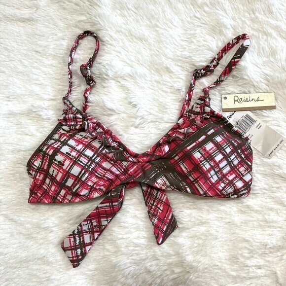 RAISINS Ruffle Bikini‎ Swim Top Size M Plaid Pink, Brown, White - Picture 7 of 16